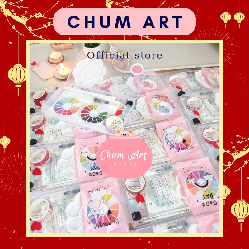 Chum art Combo hộp đầy đủ hoạ phẩm vẽ màu nước cho người mới tập, bộ màu nước