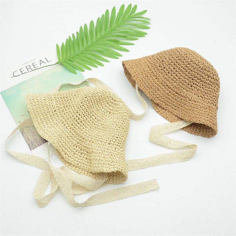 Mũ nan rộng vành che nắng có quai đeo trơn màu cho bé trai & bé gái & người lớn (cho mẹ) (N00365)