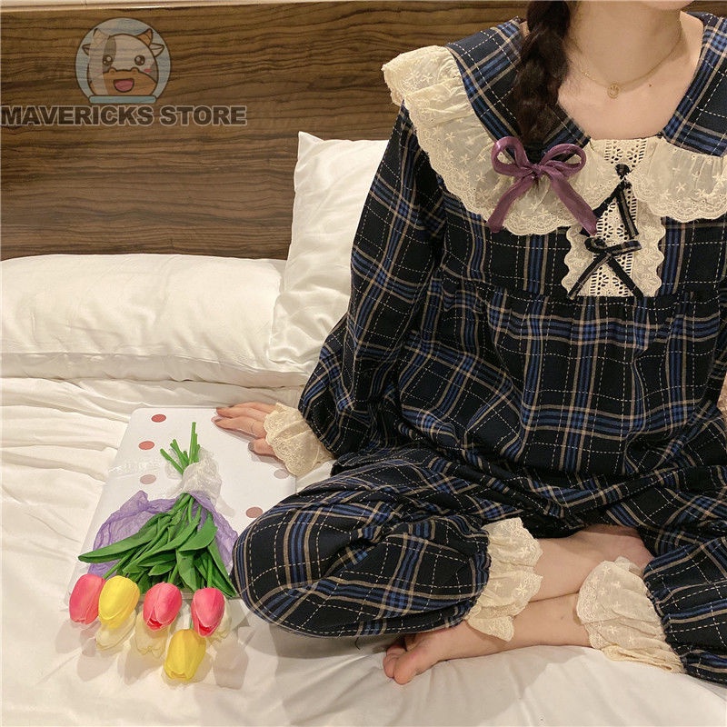 Bộ Đồ Ngủ Hai Mảnh Áo Tay Dài Cổ Búp Bê Kẻ Sọc Caro Phối Ren Kiểu Công Chúa Dành Cho Nữ