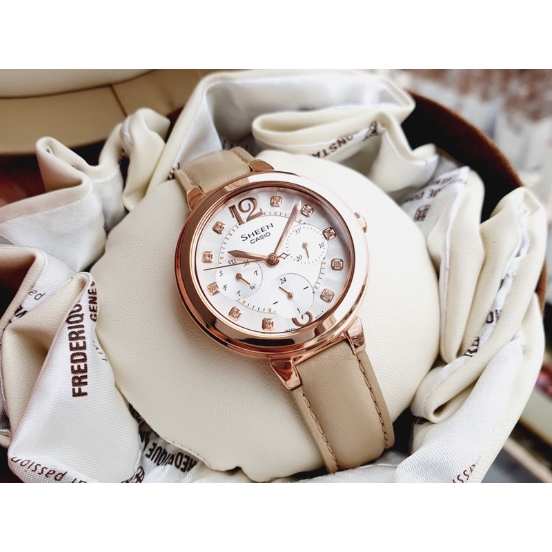Đồng hồ kim nữ dây da Casio Sheen SHE 3048PGL 7BDR