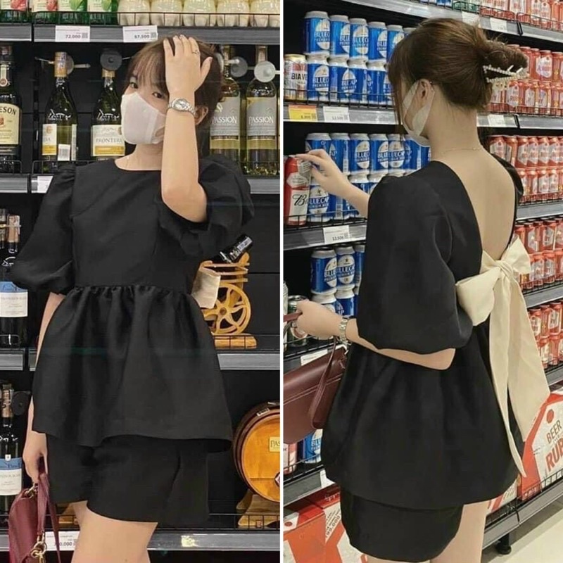 Sẵn  Set áo babydoll đen đỏ tay phồng nơ lưng với quần ngắn