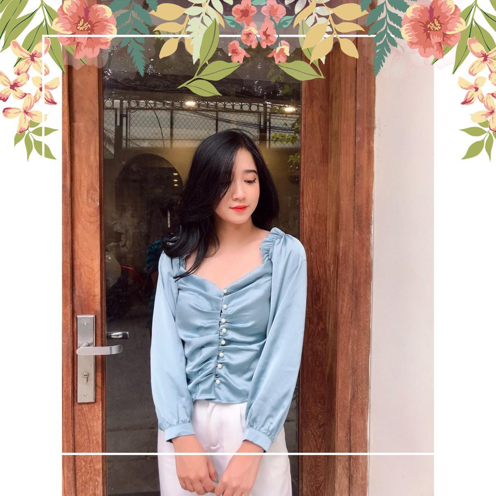 Áo nhún ngực tay lỡ tay dài màu xanh | BigBuy360 - bigbuy360.vn