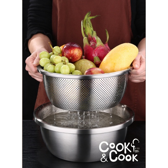 Thau rổ inox 304 đựng rửa rau củ quả vo gạo trộn salad làm bánh đa năng thau rổ thép ko gỉ SSGP size 24 26 28 30 32 cm