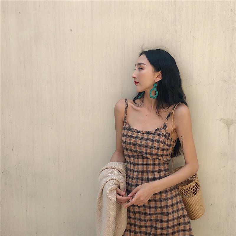 Đầm Hai Dây Cổ Tròn Eo Cao Dáng Ôm Họa Tiết Kẻ Sọc Caro Cổ Điển Thời Trang Cho Nữ váy đầm nữ JL-LYQ-07