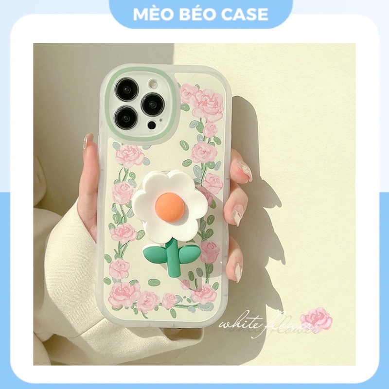 (SIÊU RẺ) Ốp lưng iphone viền hoa hồng kèm giá đỡ hoa trắng 7plus/8/8plus/x/xr/xs/11/12/13/pro/max/plus/promax