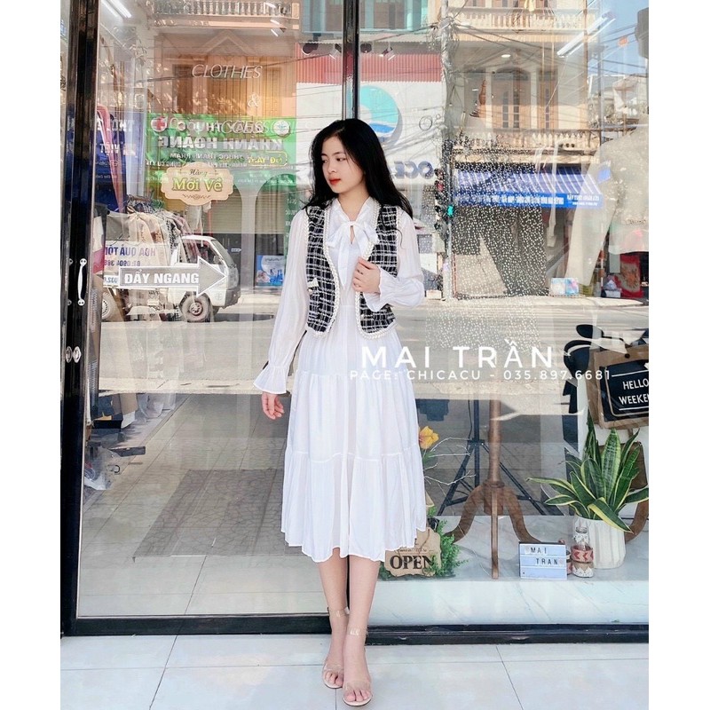 Set áo gile dạ váy tơ tầng cổ nơ