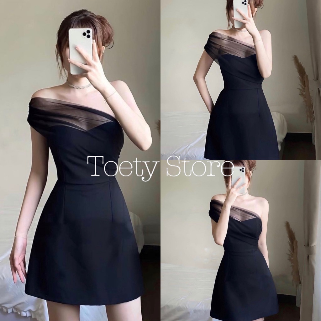 Váy Nữ Đen Cúp Ngực Triết Eo 🌱 Đầm Nữ Chéo Vai Pha Ren Điệu Đà 🌱