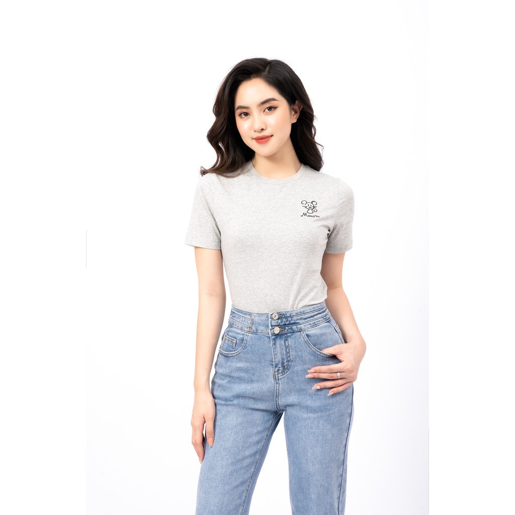 Áo thun nữ tay cộc FIONA, áo phông nữ cao cấp, áo cotton nữ thêu hình chuột trang trí F521192