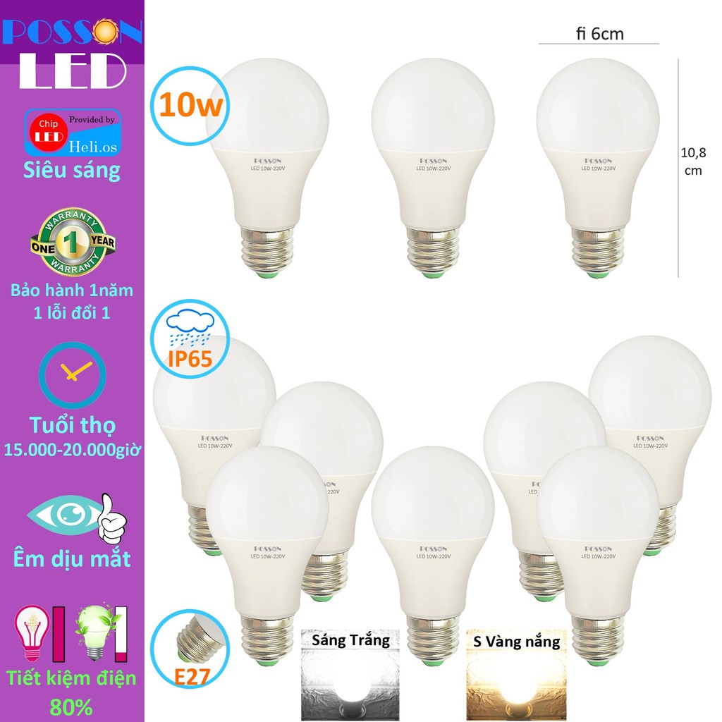 Sỉ 100 Bóng đèn Led 9w 10w bup tròn A60 bulb tiết kiệm điện kín chống nước Posson LB-10x