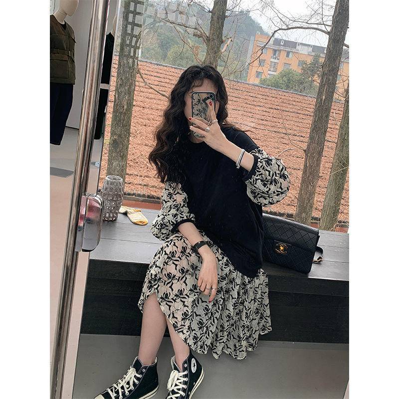 Đầm Thiết Kế Giả Hai Lớp Phối Ren Phong Cách Pháp Mới