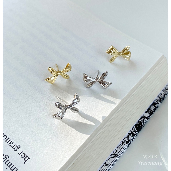 Bông, khuyên tai nữ bạc 925 cao cấp mạ vàng nơ mảnh kẹp vành sang chảnh HARMONY K213