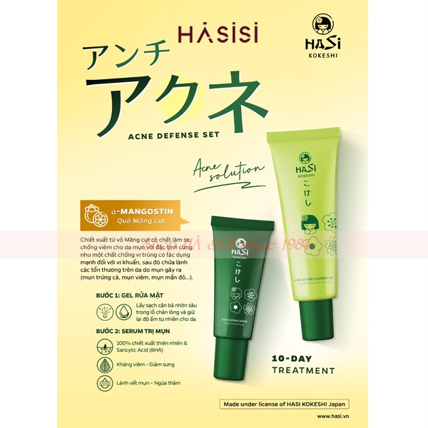 Set Hỗ Trợ Giảm Mụn Gồm Gel Rửa Mặt &amp; Serum HASI KOKESHI PUREDOLL ANTI - ACNE SET 30ml x 10ml