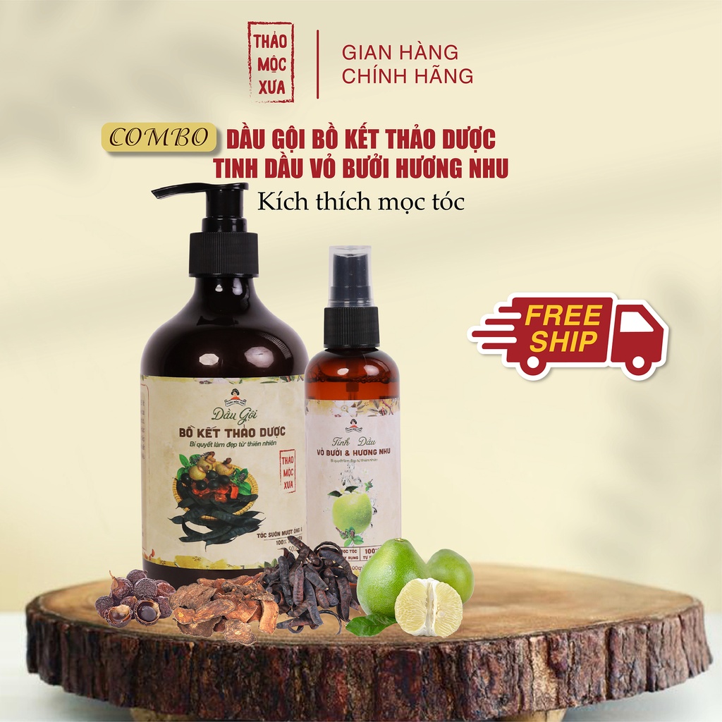 Combo giúp tóc mọc nhanh, nhiều và dày gồm Gội Bồ kết-Tinh dầu bưởi hương nhu Thảo Mộc Xưa