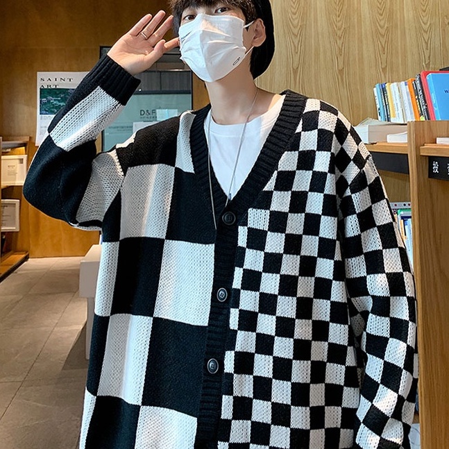 Áo cardigan nam form rộng, áo khoác len nam kẻ caro mặc ngoài thời trang Unisex phong cách Hàn Quốc