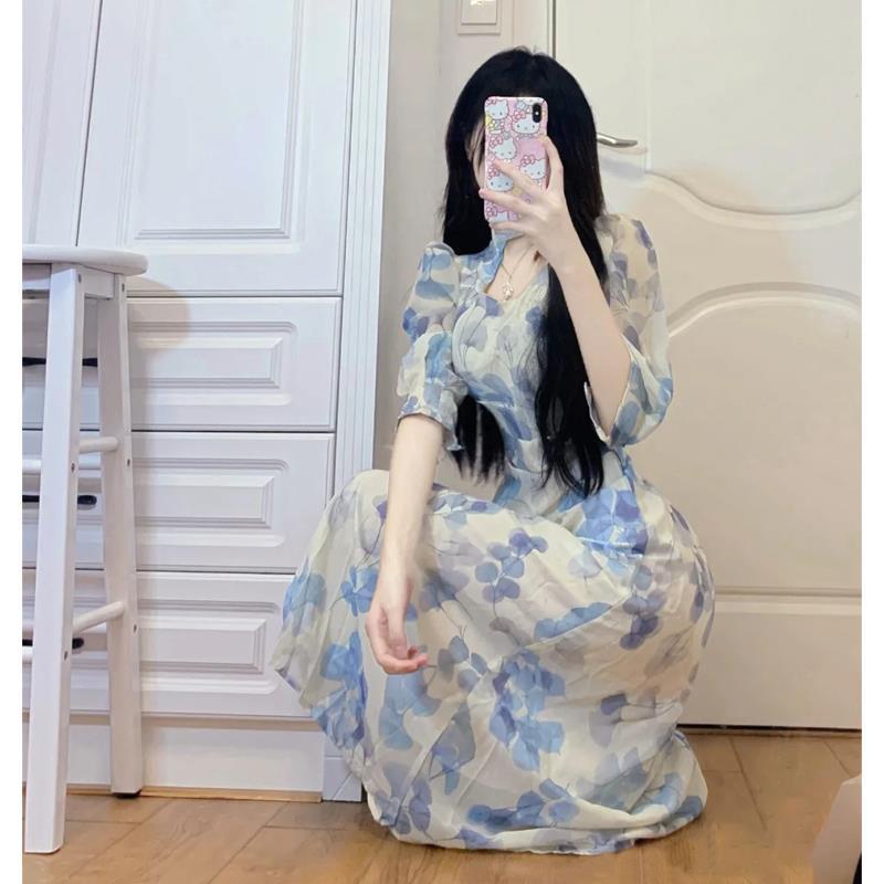 Đầm midi sườn xám vải voan tay ngắn in hoa nhẹ nhàng quyến rũ thời trang mùa hè cho nữ