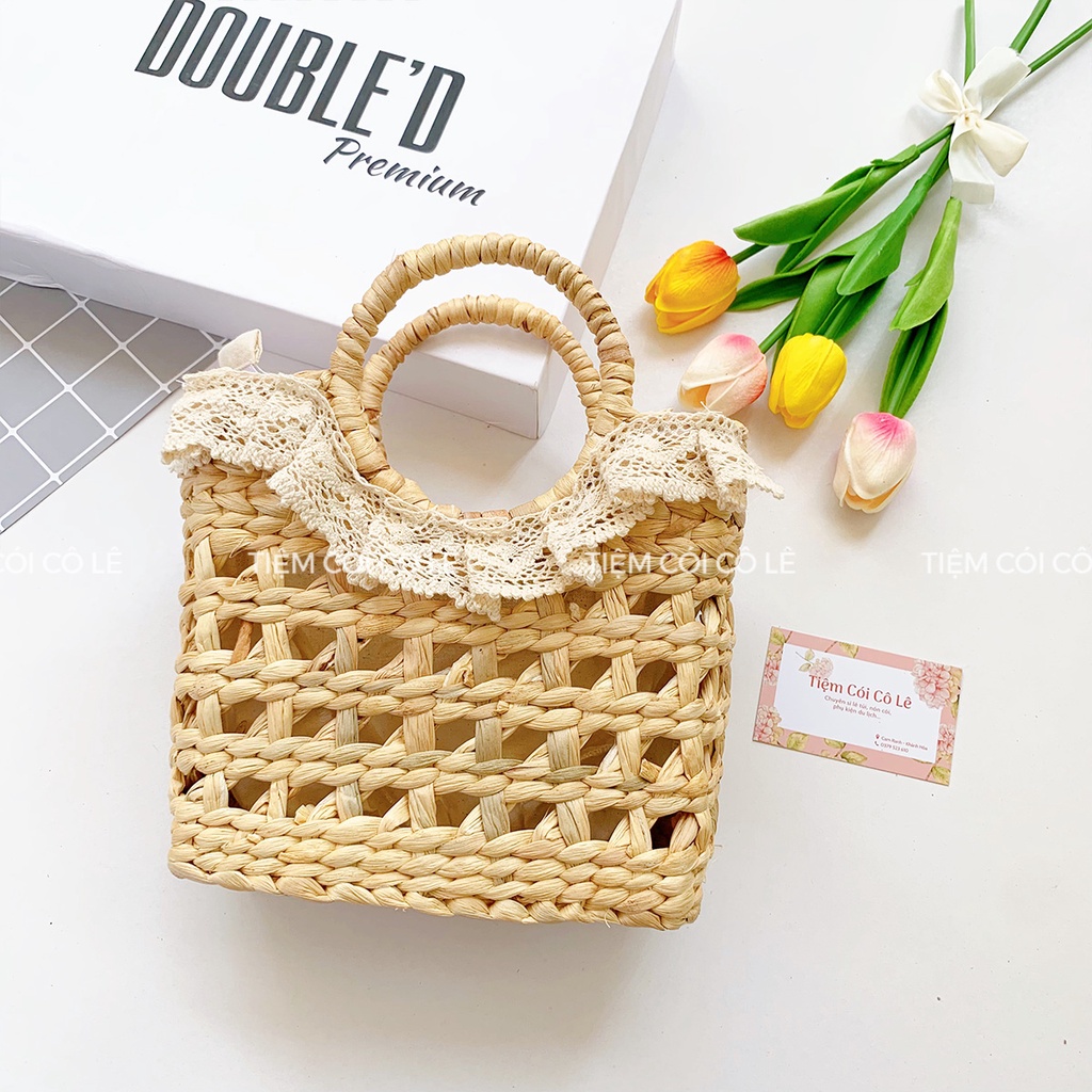 Túi cói lục bình đan kiểu rào xiên xinh xắn size 19cm - Tiệm Cói Cô Lê