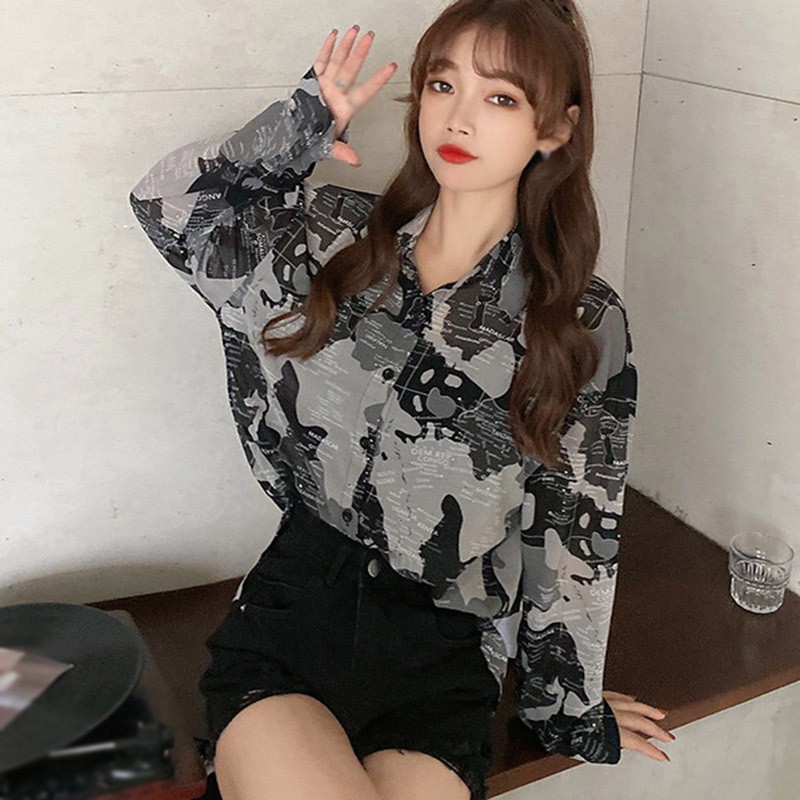 Áo sơ mi dài tay họa tiết retro thời trang Hàn Quốc | BigBuy360 - bigbuy360.vn