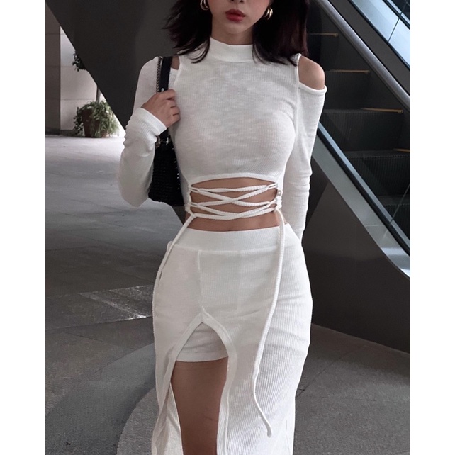SUỴT - Set Quần Tà Váy Đai + Áo Đan Dây ( 9why )