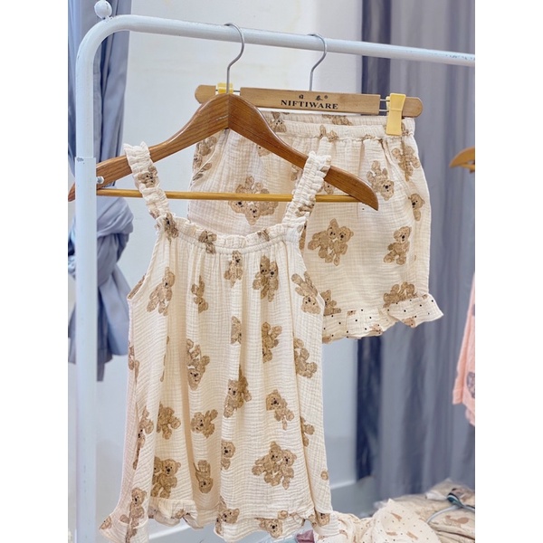 Bộ pijama hai dây va xô muslin hoạ tiết dễ thương cute đồ ngủ cho các nàng