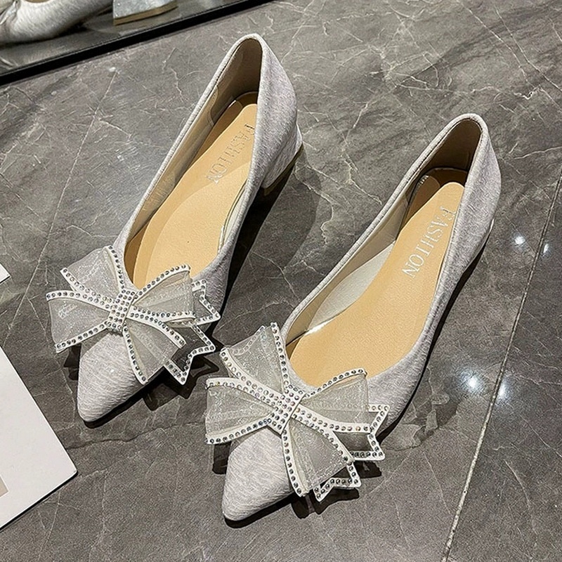 Giày Cao Gót 3Cm Mũi Nhọn Đính Nơ Và Đá Lấp Lánh Thời Trang Cho Nữ