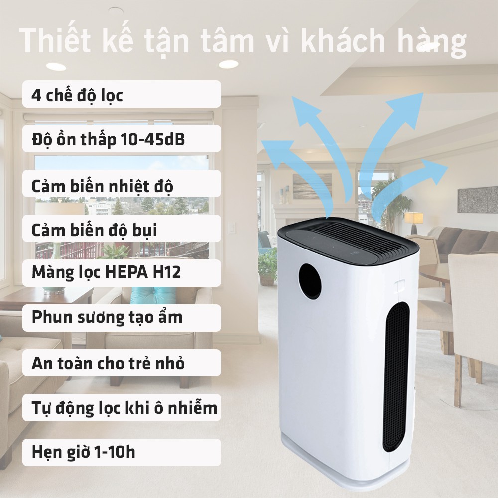 Máy lọc không khí tích hợp cấp ẩm cho phòng diện tích rộng 50 - 70 m2 tiêu chuẩn châu âu Vie Home