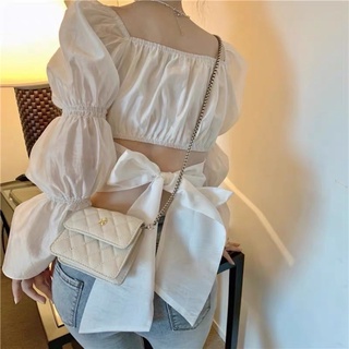 Áo kiểu cổ vuông tay phồng cột nơ eo ❤️