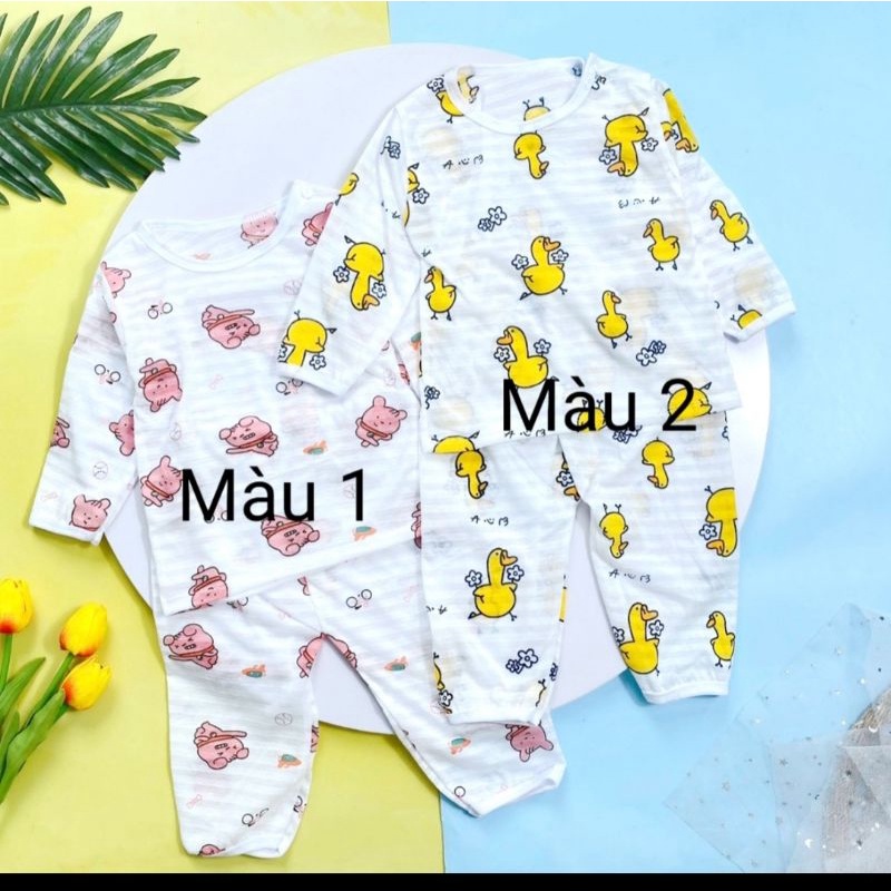 Bộ dài tay bé trai bé gái cotton tre khuy vai mỏng mát mặc ngủ điều hòa