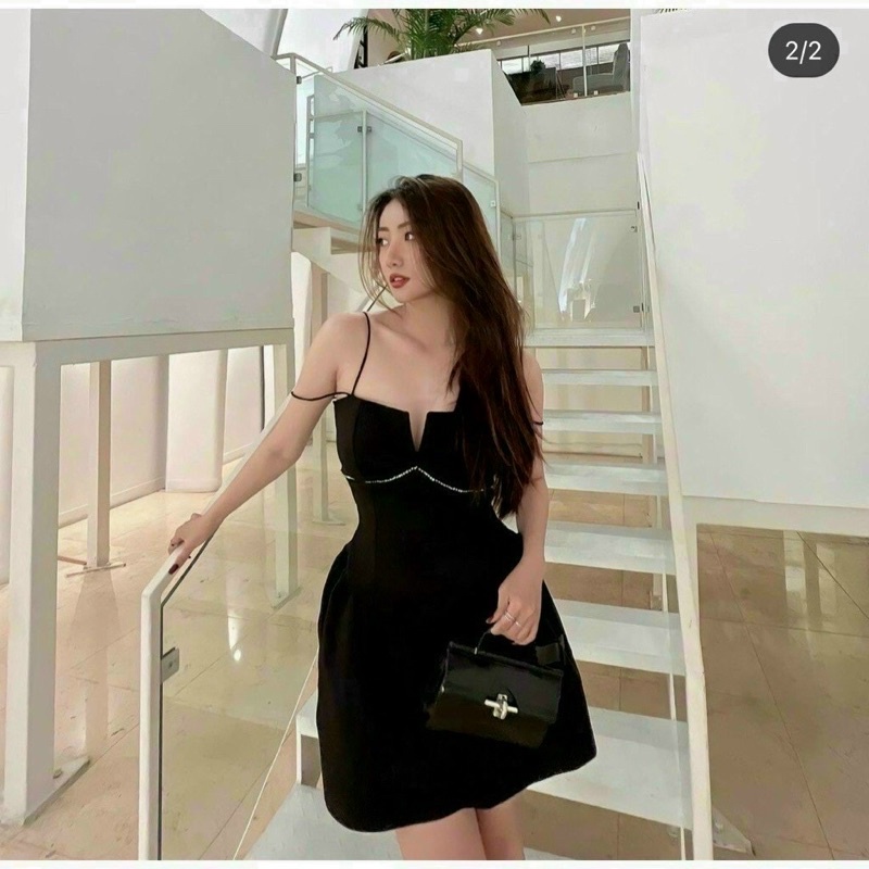 Đầm thời trang nữ mặc đi chơi chất cotton lạnh 2 dây có mút ngực đính đá váy xoè