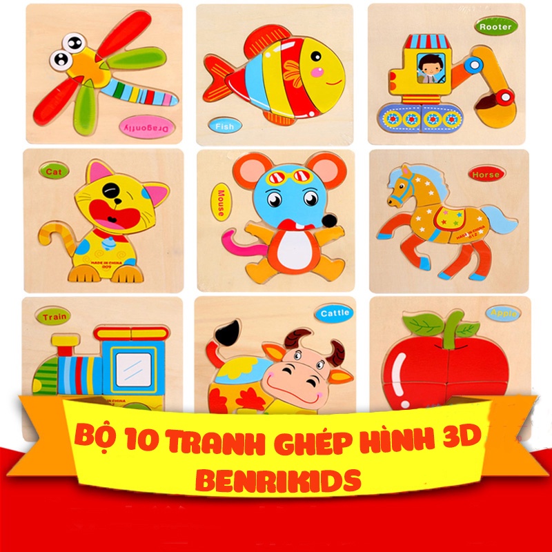 Combo 10 Tranh 3D Ghép Hình Gỗ Nổi - Kích Thước 15x15cm- Chất Liệu Gỗ Cao Cấp Phù Hợp Cho Bé Từ 1 2 3 4 5 Tuổi
