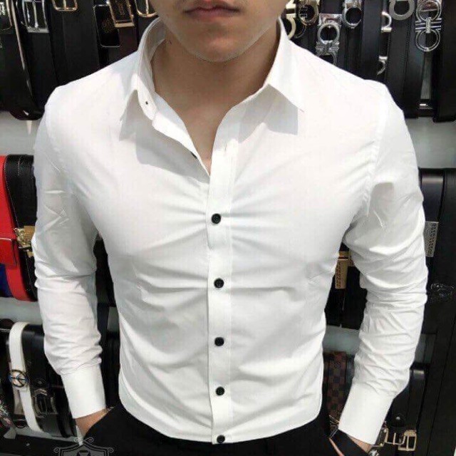 Áo sơ mi nam Trắng cúc Đen Vải lụa Thái lan, Sơ mi nam màu trắng Cúc Đen dáng ôm Body hàn quốc | BigBuy360 - bigbuy360.vn