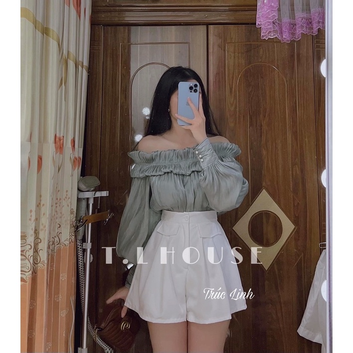Set áo voan vẹt vai bo chun tay phồng kèm quần short,đầm nữ thời trang siêu xinh trẻ trung năng động