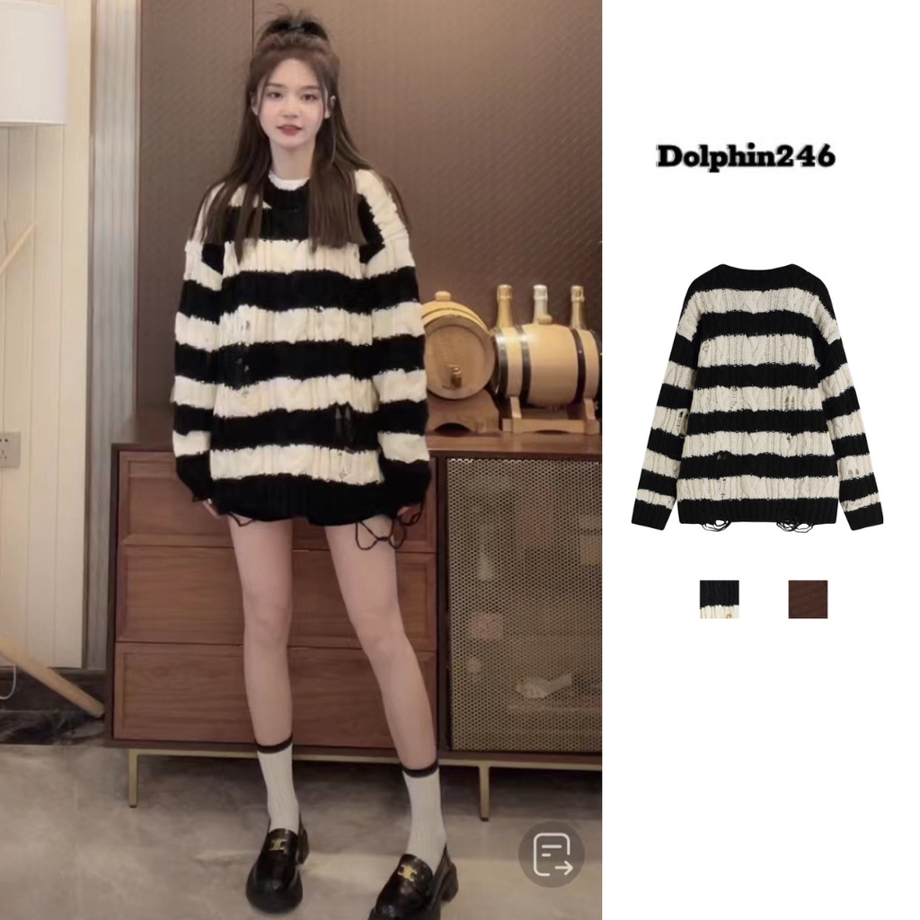 Áo Len Sweater Dệt Kim Cổ Tròn Tay Dài Dáng Rộng Họa Tiết Kẻ Sọc Ngang Phong Cách Thời Trang Cá Tính B-14