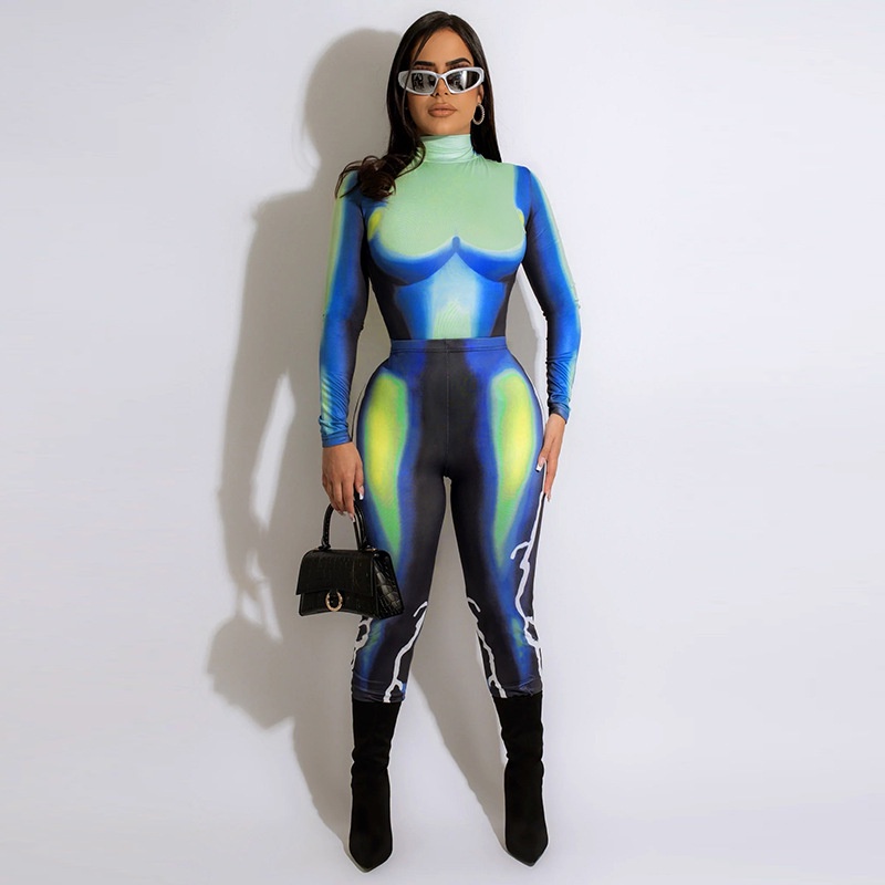 DUNEA Bộ Áo Liền Quần Dài Tay Cổ Cao In Họa Tiết Thời Trang Dành Cho Nữ