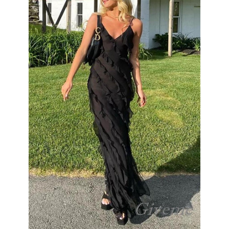 Đầm Dài Không Tay Màu Trơn Phối Bèo Nhún Thời Trang Dự Tiệc Cho Nữ