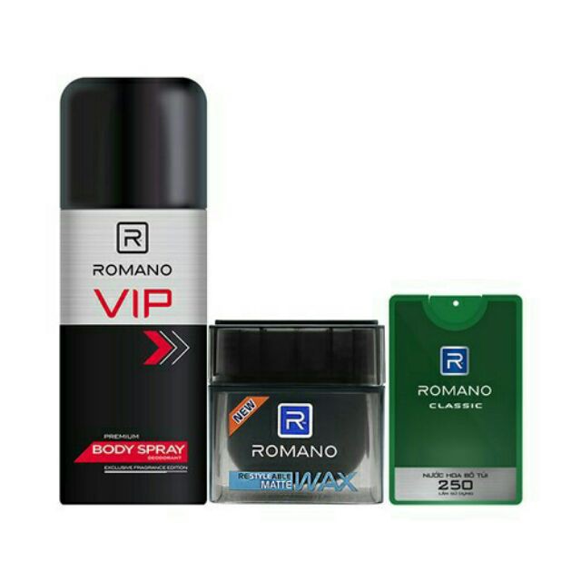 Bộ sản phẩm: Nước hoa Romano 18ml, Xịt toàn thân Vip, Wax vuốt tóc chery