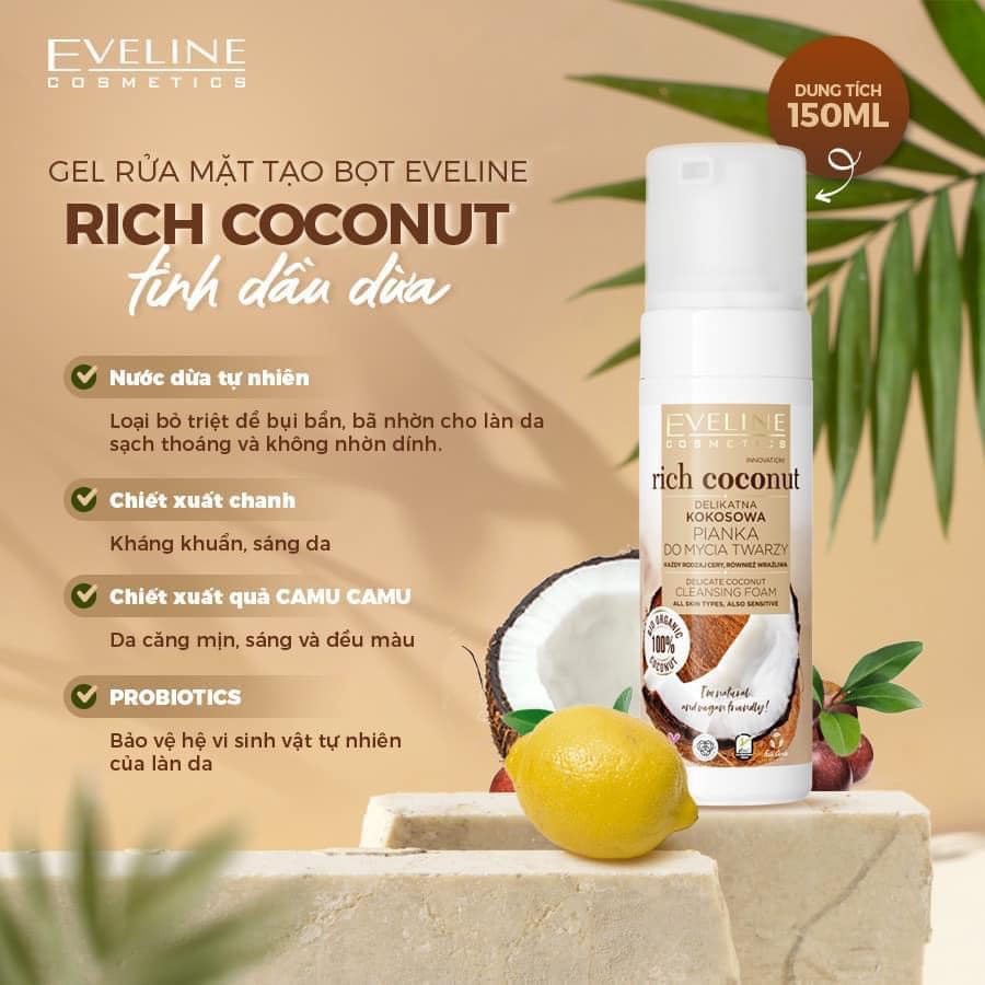 Gel rửa mặt tạo bọt Eveline Rich Coconut tinh dầu dừa 150ML