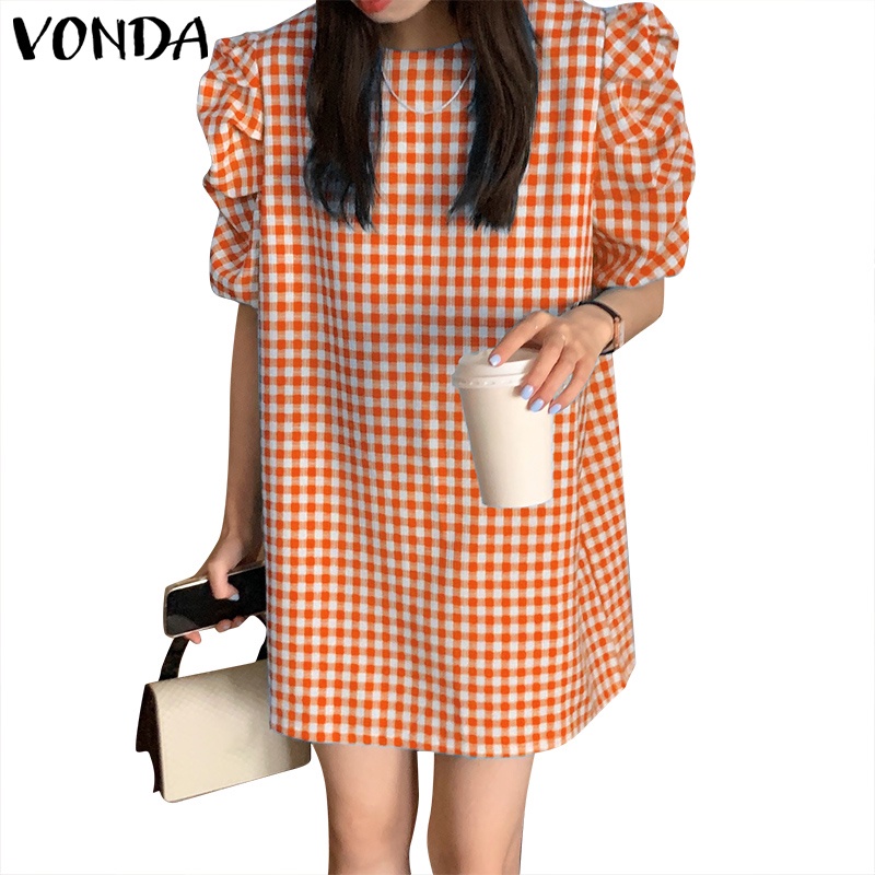 Đầm VONDA tay ngắn phồng họa tiết sọc caro phong cách hàn quốc thời trang mùa hè cho nữ
