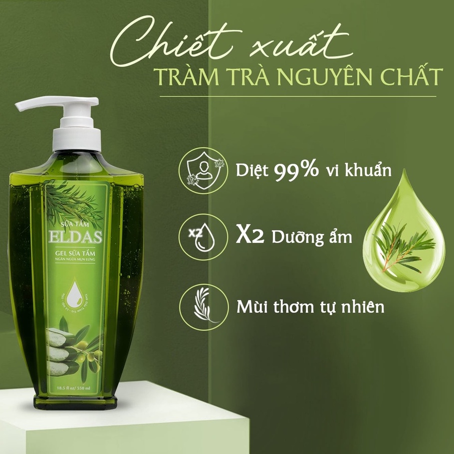 Combo Sữa Tắm Mụn Lưng Eldas &amp; Sữa Rửa Mặt TRÀM TRÀ Giúp Giảm Mụn Mờ Thâm, Da Sáng Mịn Đều Màu 550ml/chai &amp; 100ml/chai