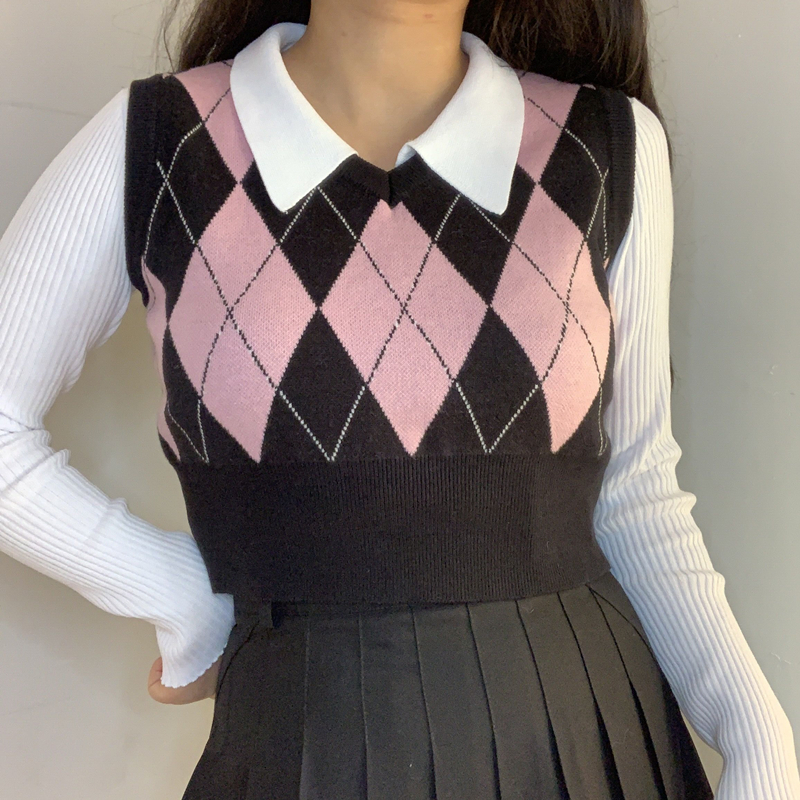 Vest Korean Fashion V-neck Plaid Sweater