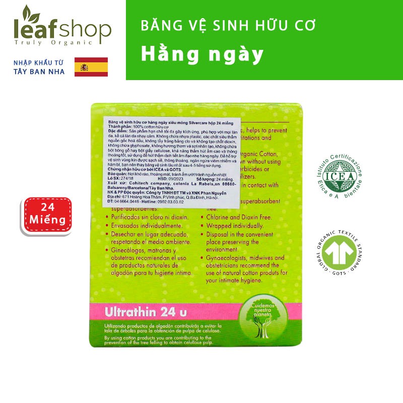 Băng vệ sinh hữu cơ hàng ngày siêu mỏng Silvercare hộp 24 miếng