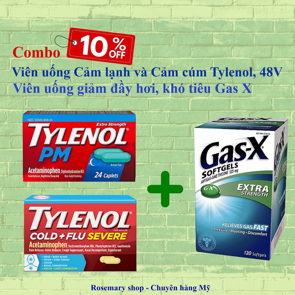 [Combo] Viên uống giảm đầy hơi, khó tiêu Gas X và combo Tylenol Cảm Lạnh và Cảm Cúm 48 Viên