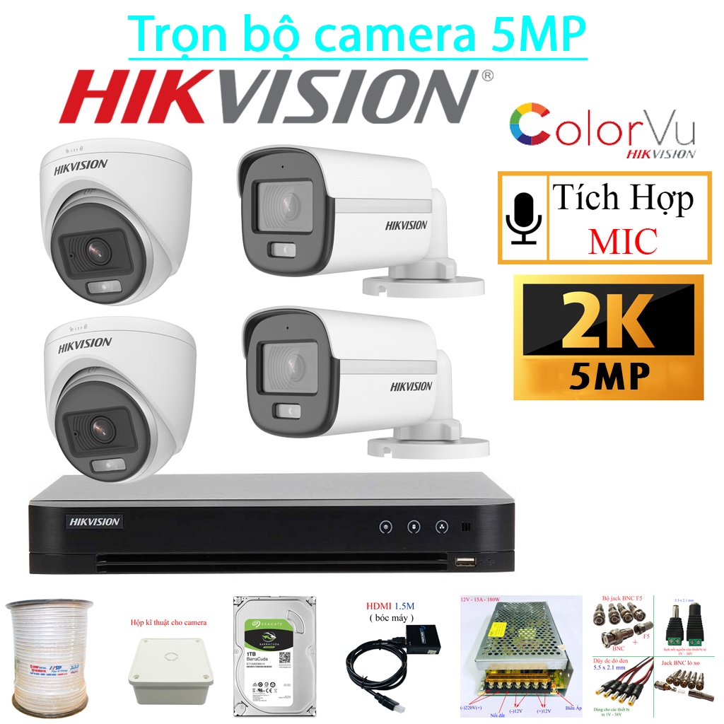 {5MP / CÓ MÀU 24/24 + CÓ MIC} Trọn bộ 4 mắt Camera Hikvision chính hãng, có màu + mic 24/24, đầy đủ phụ kiện