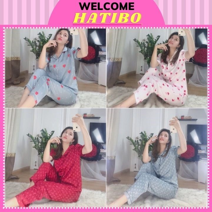 Bộ đồ ngủ nữ pizama tay áo cộc quần dài vải lụa chất mát, thoải mái- HATIBO 07