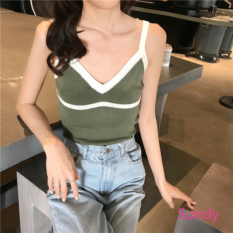 Áo Hai Dây Dệt Kim Cổ Chữ V Thời Trang Mùa Hè Cho Nữ