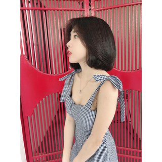Đầm hai dây caro cột nơ 9