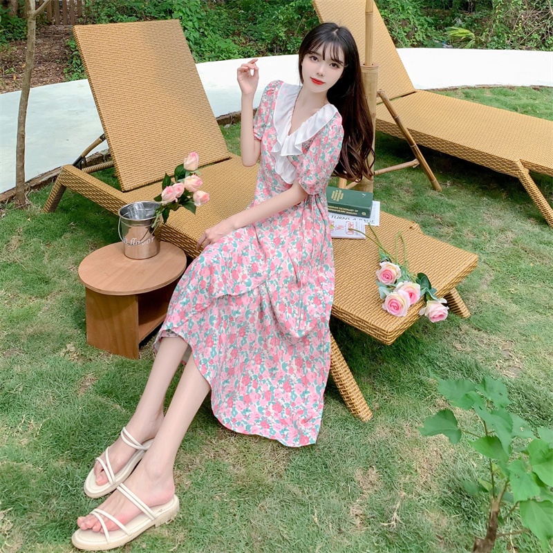 Đầm hoa PERTY cổ chữ V phối bèo phong cách Hàn Quốc thời trang mùa hè xinh xắn cho nữ