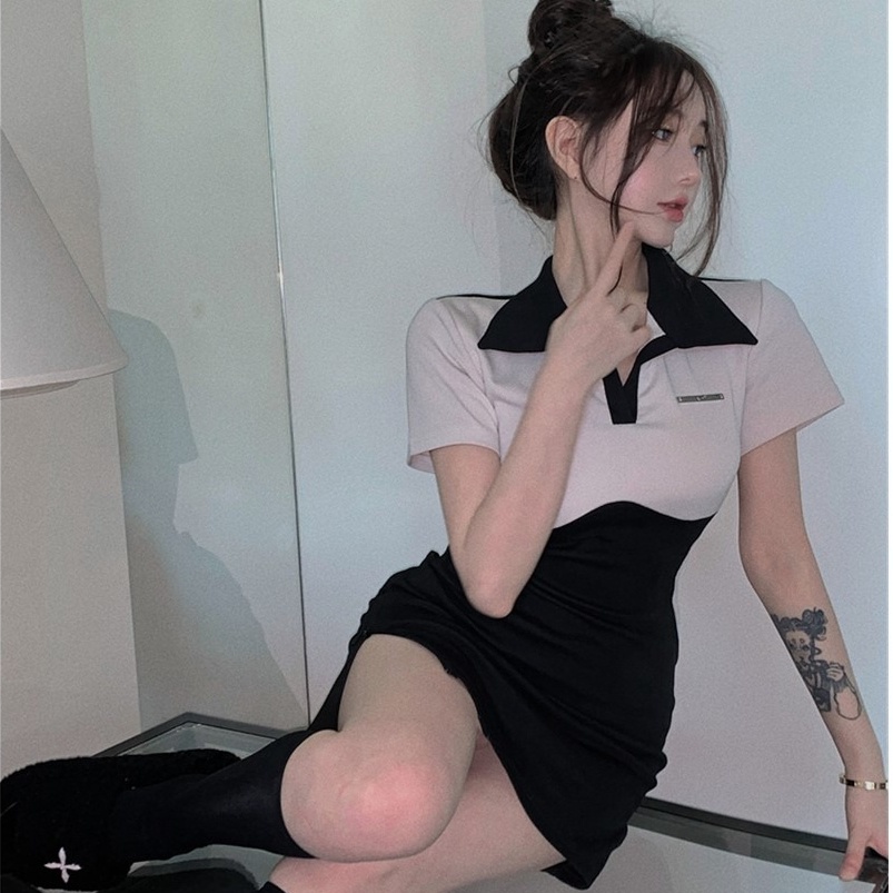 Đầm Ngắn Cổ Polo Màu Sắc Tương Phản Phong Cách Hàn Quốc Thời Trang Cho Nữ