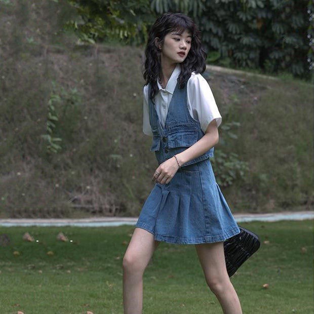 Bộ Áo Denim Không Tay Xếp Ly + Chân Váy Ôm Dáng Thời Trang Mùa Hè Cho Nữ