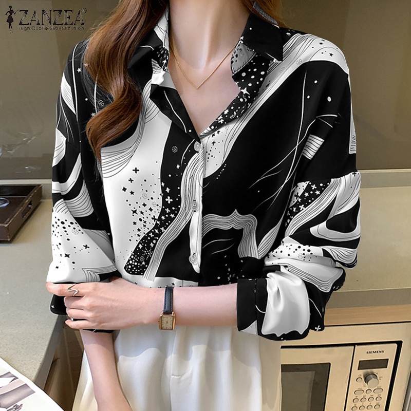 Áo Zanzea cổ áo gập xuống họa tiết in ấn kiểu dáng rộng rãi thời trang đơn giản phong cách Hàn Quốc cho nữ