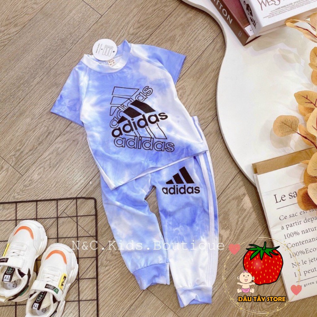 Bộ Adidass Siêu Đáng Yêu Bé Trai Bé Gái Vải Cotton Co Dãn Họa Tiết Kẻ Ngang Quần Dài Sọc Dễ Thương, Áo Cộc Tay Cho Bé